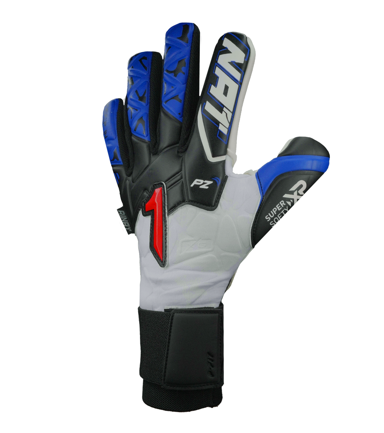 Guantes de portero de fútbol Rinat Xtreme Guard Dominius Prime – corte negativo ceñido con palma Super Softy XP para agarre seguro y duradero, dorso semi armado que protege nudillos sin perder flexibilidad y cierre de muñequera elástica con broche. Control, confort y protección profesional. Disponibles en UnoKeeper.