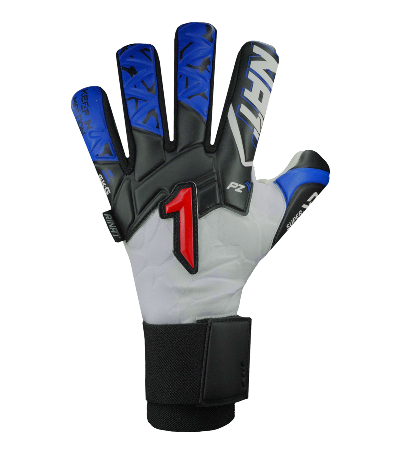 Guantes de portero de fútbol Rinat Xtreme Guard Dominius Prime – corte negativo ceñido con palma Super Softy XP para agarre seguro y duradero, dorso semi armado que protege nudillos sin perder flexibilidad y cierre de muñequera elástica con broche. Control, confort y protección profesional. Disponibles en UnoKeeper.