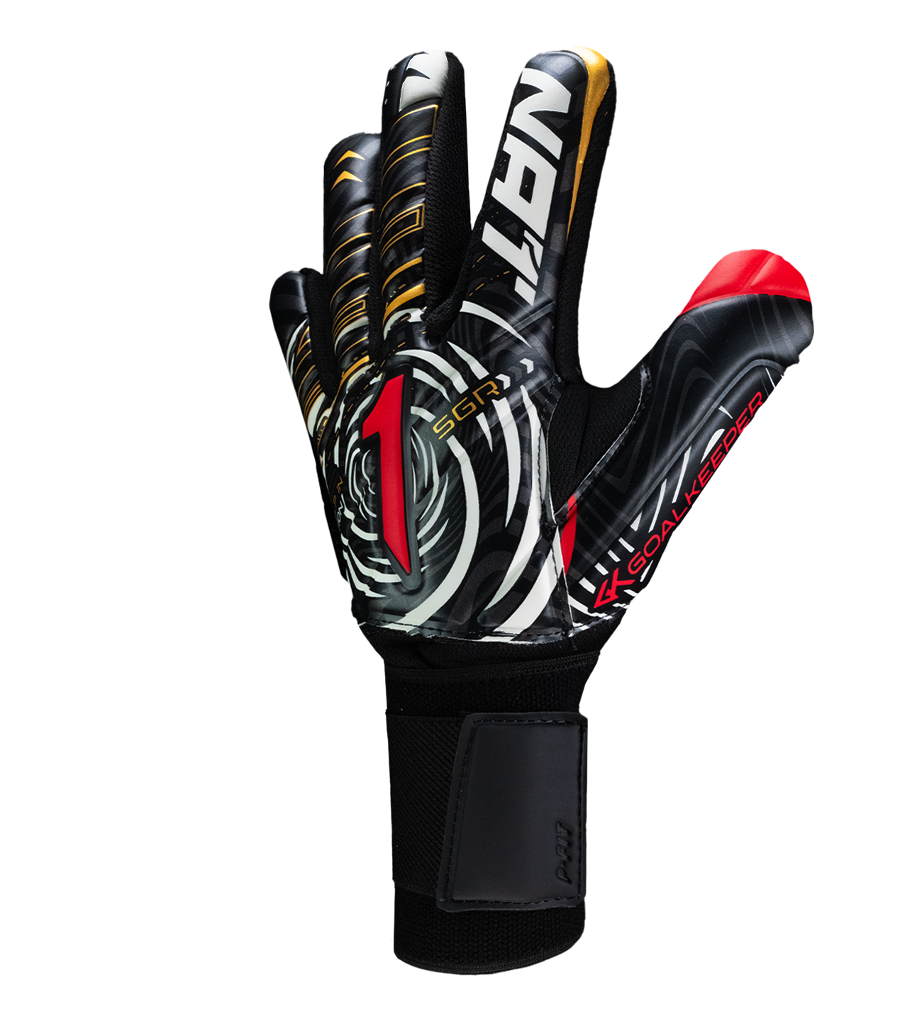 Guantes de portero VORTEX Prime Spines en color negro con detalles rojo y dorado, diseño profesional con corte negativo, palma SGR de alto agarre, protección con varillas en los dedos y cierre elástico ajustable 3-4.