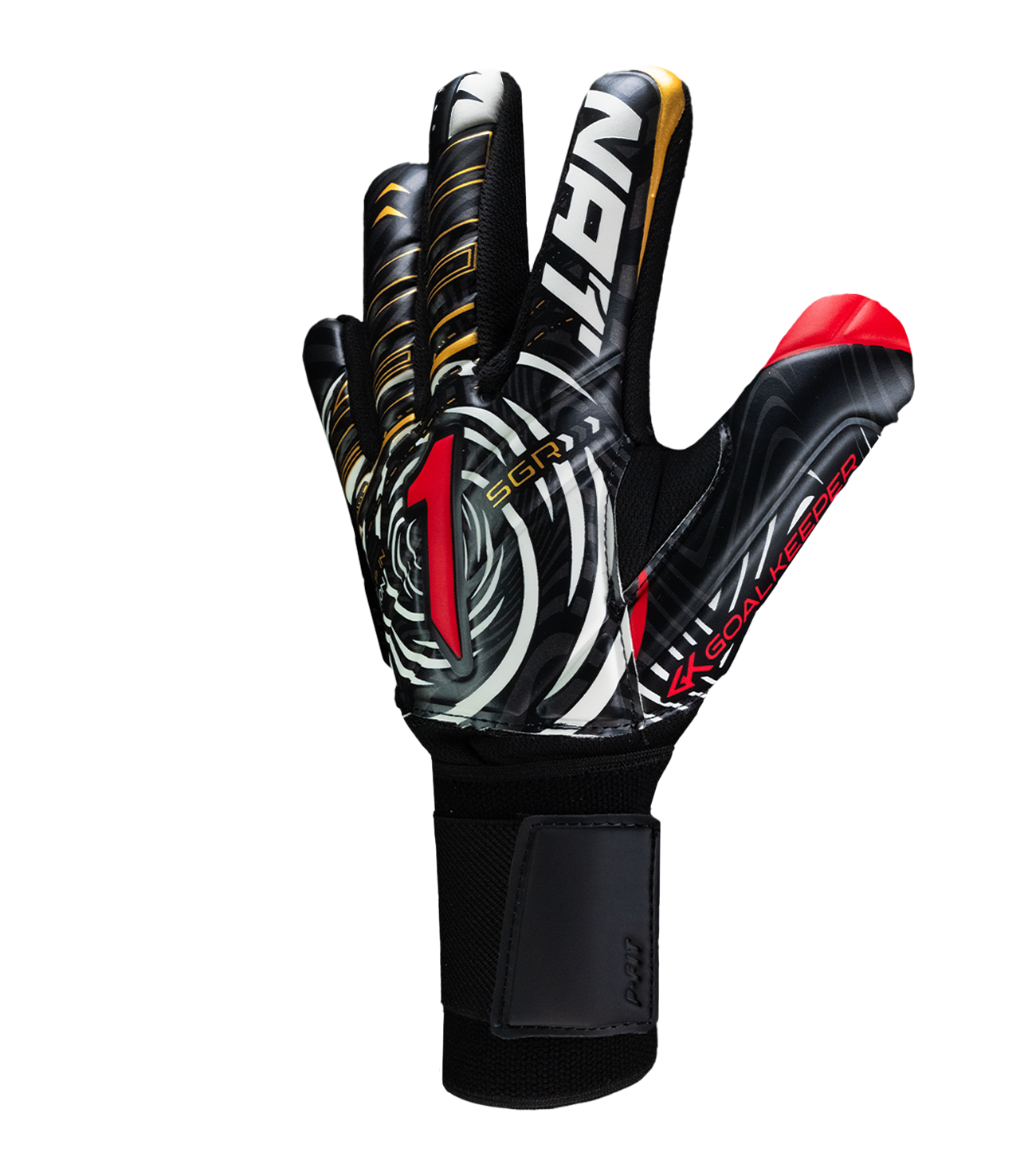 Guantes de portero de futbol VORTEX Prime Spines en color negro con detalles rojo y dorado, diseño profesional con corte negativo, palma SGR de alto agarre, protección con varillas en los dedos y cierre elástico ajustable unokeeper negro rojo