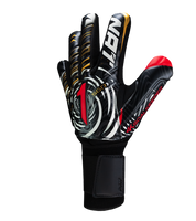 Guantes de portero de futbol VORTEX Prime Spines en color negro con detalles rojo y dorado, diseño profesional con corte negativo, palma SGR de alto agarre, protección con varillas en los dedos y cierre elástico ajustable unokeeper negro rojo