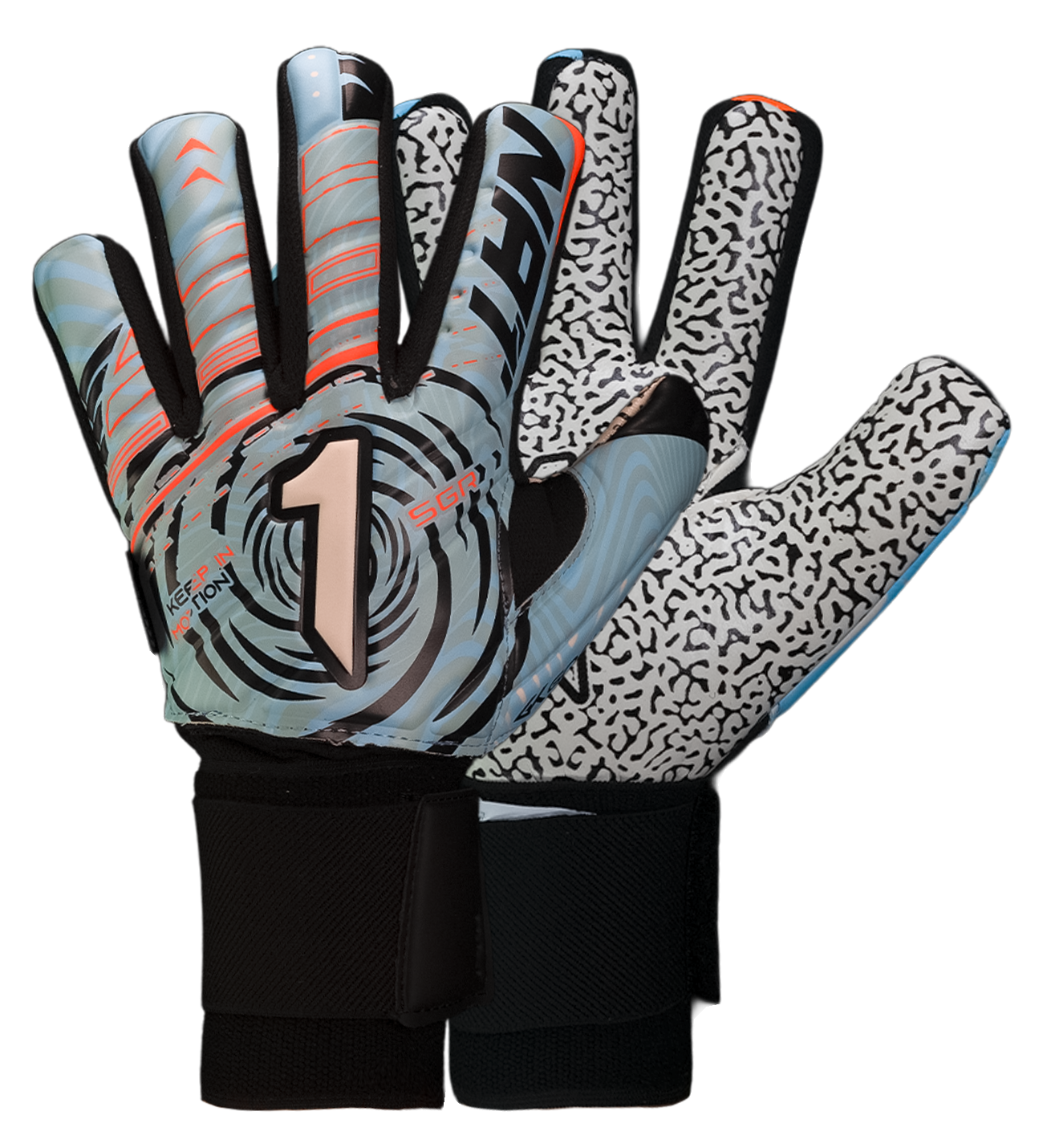 Guantes de portero VORTEX Prime Spines azul con detalles naranja, diseño profesional con palma SGR de alto agarre, corte negativo ergonómico, varillas de protección en los dedos y cierre elástico ajustable.