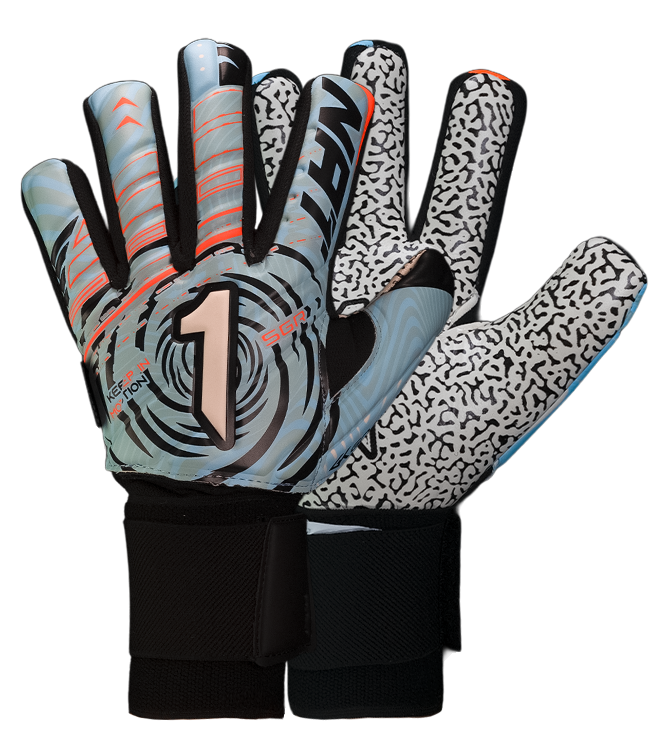 Guantes de portero de futbol VORTEX azul blanco Prime Spines azul con detalles naranja, diseño profesional con palma SGR de alto agarre, corte negativo ergonómico, varillas de protección en los dedos y cierre elástico ajustable unokeeper 