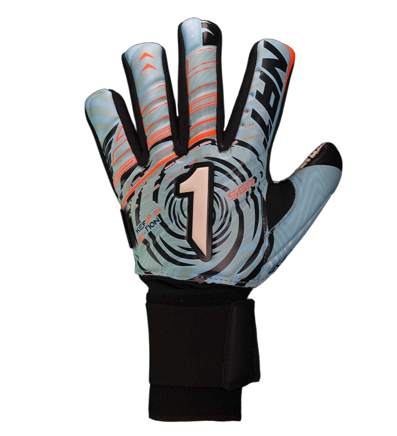 Guantes de portero VORTEX Prime Spines azul con detalles naranja, diseño profesional con palma SGR de alto agarre, corte negativo ergonómico, varillas de protección en los dedos y cierre elástico ajustable, dorso.