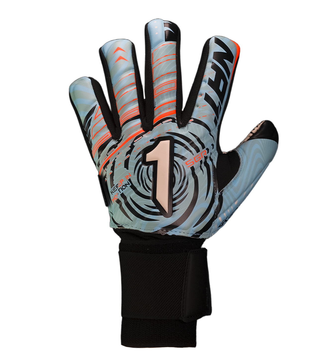 Guantes de portero de futbol VORTEX azul blanco Prime Spines azul con detalles naranja, diseño profesional con palma SGR de alto agarre, corte negativo ergonómico, varillas de protección en los dedos y cierre elástico ajustable unokeeper 