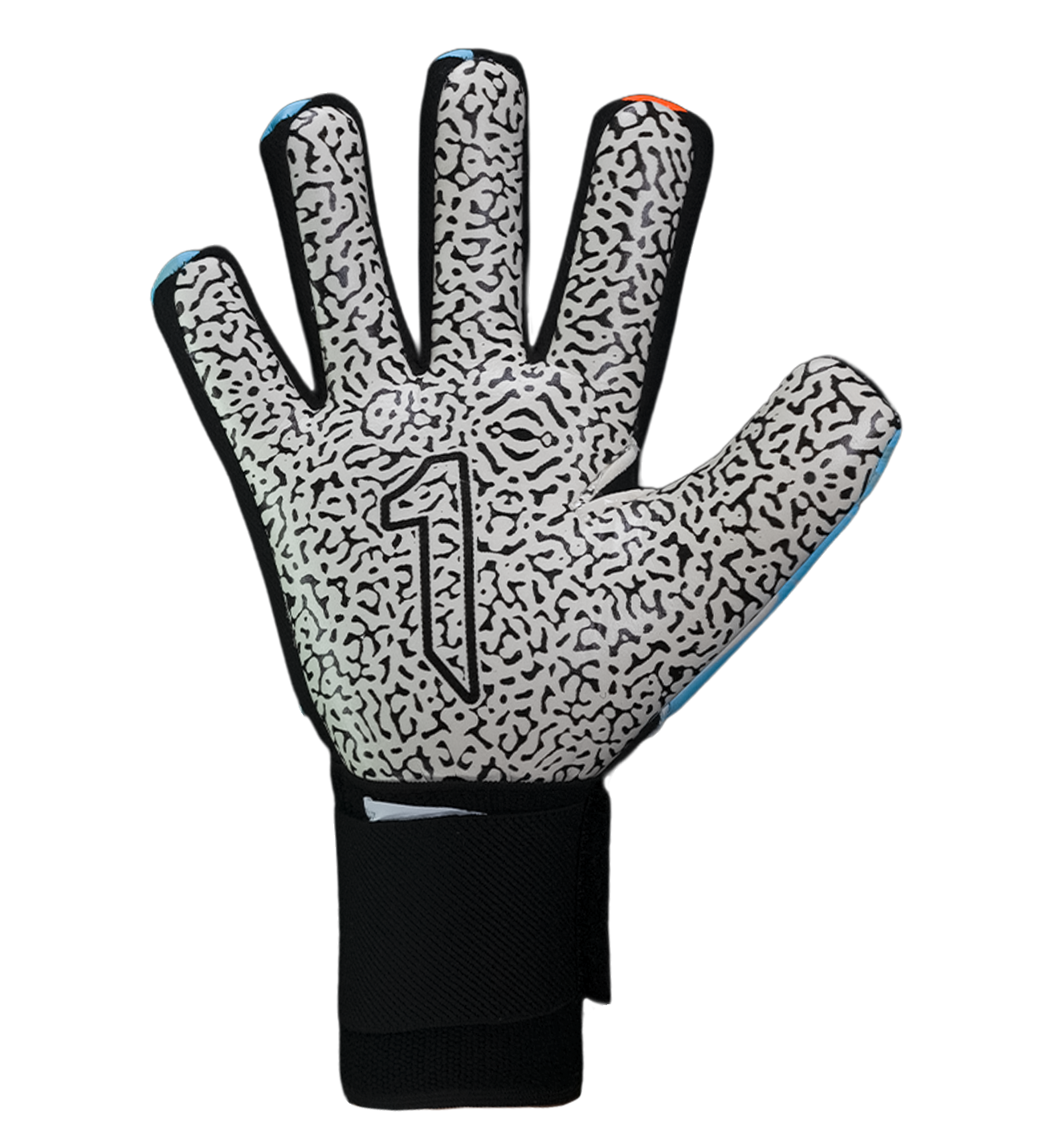Guantes de portero VORTEX Prime Spines azul con detalles naranja, diseño profesional con palma SGR de alto agarre, corte negativo ergonómico, varillas de protección en los dedos y cierre elástico ajustable, dorso.
