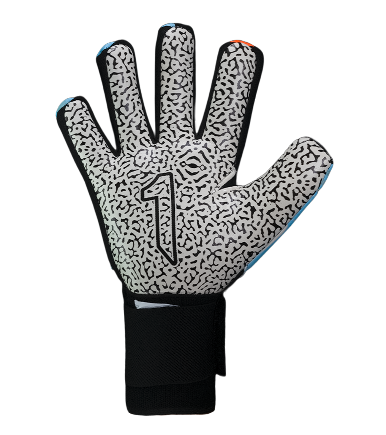 Guantes de portero de futbol VORTEX azul blanco Prime Spines azul con detalles naranja, diseño profesional con palma SGR de alto agarre, corte negativo ergonómico, varillas de protección en los dedos y cierre elástico ajustable unokeeper 