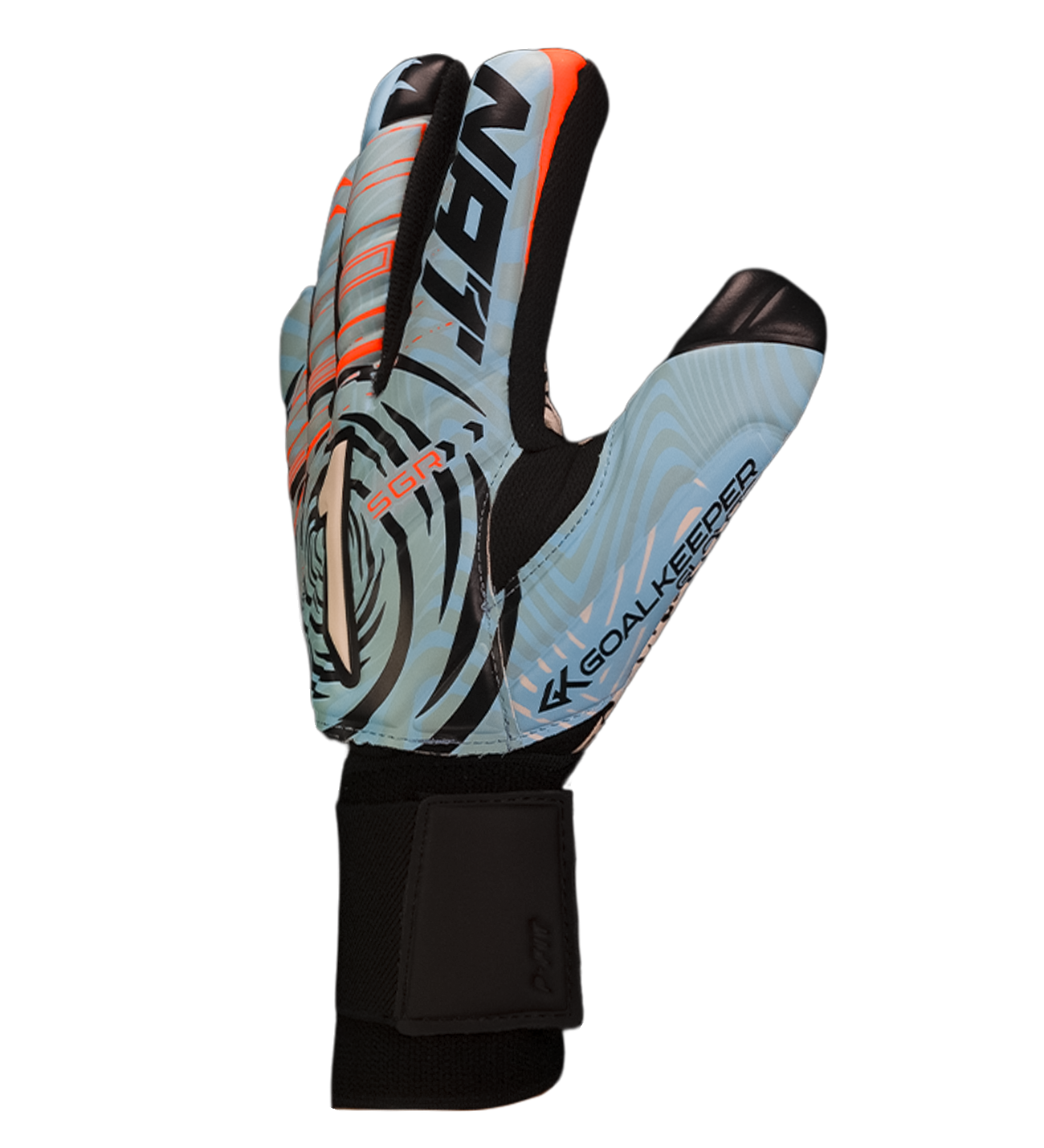 Guantes de portero VORTEX Prime Spines azul con detalles naranja, diseño profesional con palma SGR de alto agarre, corte negativo ergonómico, varillas de protección en los dedos y cierre elástico ajustable, dorso.