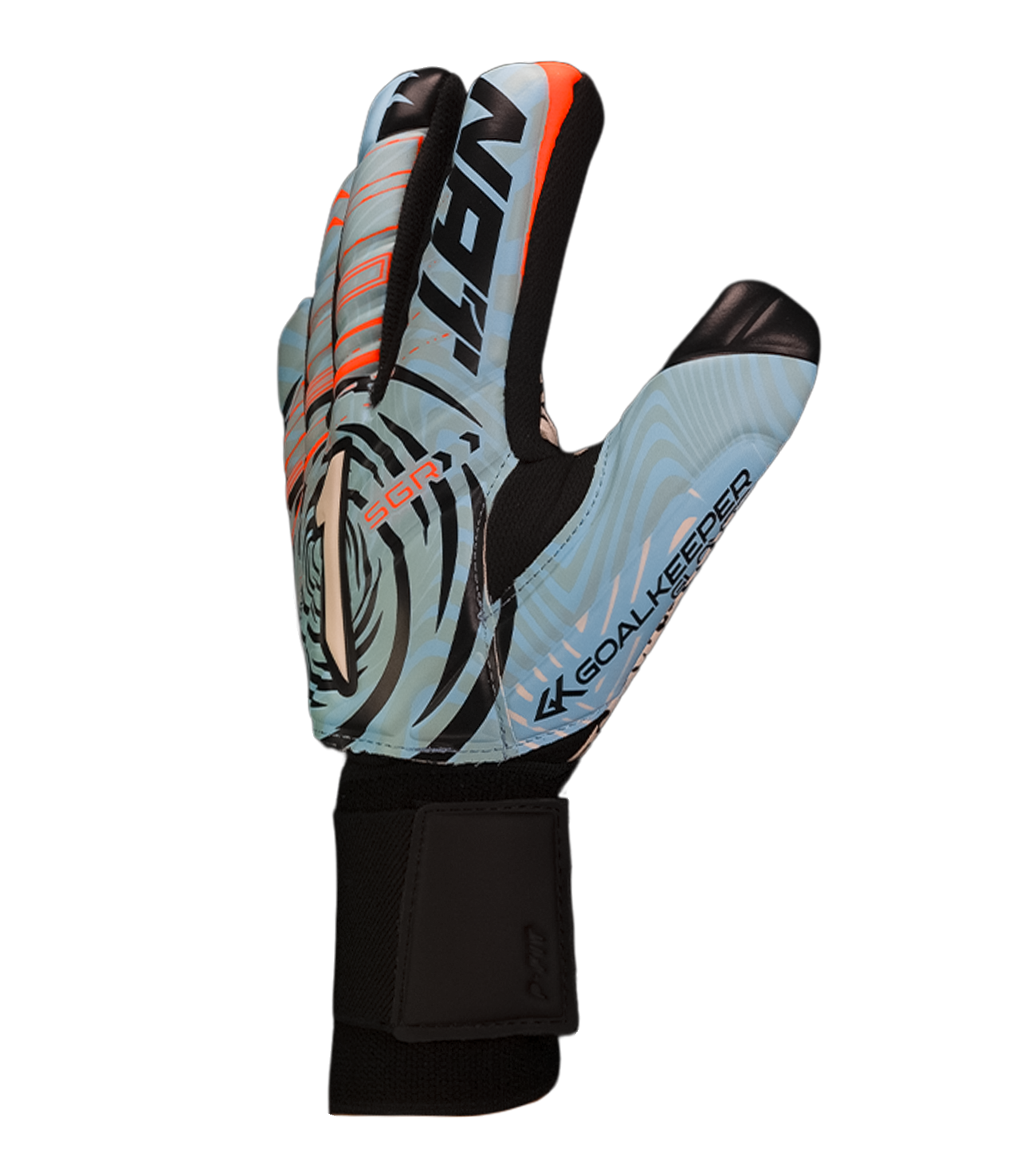 Guantes de portero de futbol VORTEX azul blanco Prime Spines azul con detalles naranja, diseño profesional con palma SGR de alto agarre, corte negativo ergonómico, varillas de protección en los dedos y cierre elástico ajustable unokeeper 
