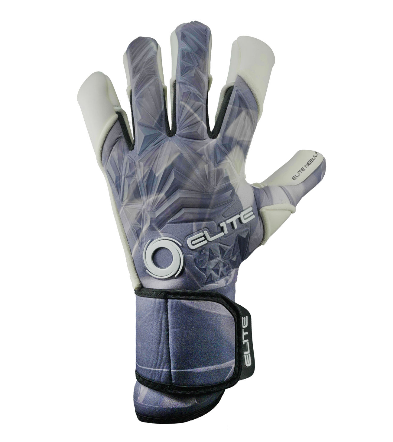 Guantes de portero de fútbol Elite Nebula – corte Speed con envoltura en pulgar, índice y meñique, palma de látex ES Centum+ de 4 mm con 3 mm de espuma adicional para máximo agarre y amortiguación, dorso de caucho 3D sobre neopreno para protección y ligereza, y cierre de muñeca ajustable con lengüeta de goma. Control, confort y seguridad en cada atajada. Disponibles en UnoKeeper.