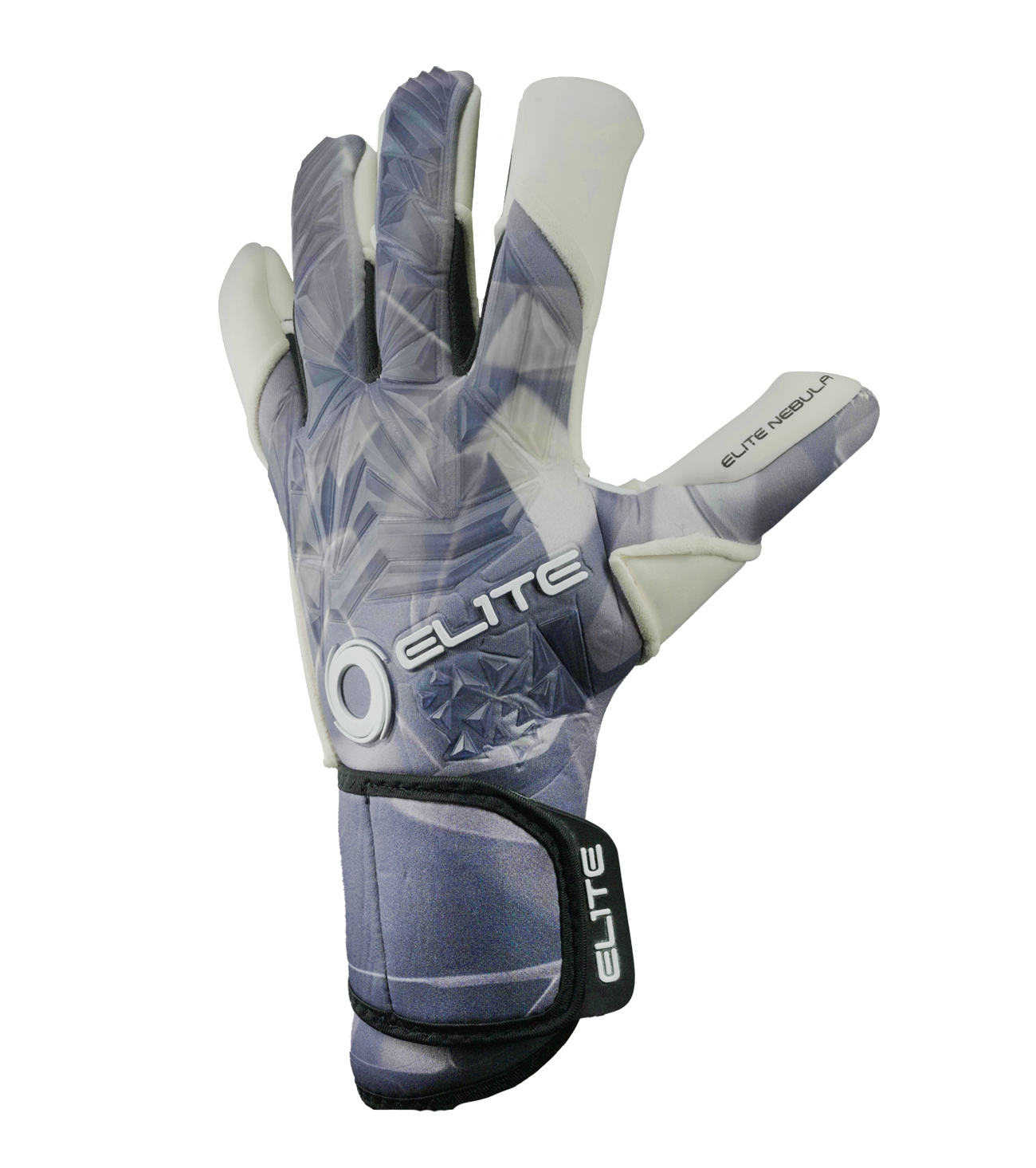 Guantes de portero de fútbol Elite Nebula – corte Speed con envoltura en pulgar, índice y meñique, palma de látex ES Centum+ de 4 mm con 3 mm de espuma adicional para máximo agarre y amortiguación, dorso de caucho 3D sobre neopreno para protección y ligereza, y cierre de muñeca ajustable con lengüeta de goma. Control, confort y seguridad en cada atajada. Disponibles en UnoKeeper.