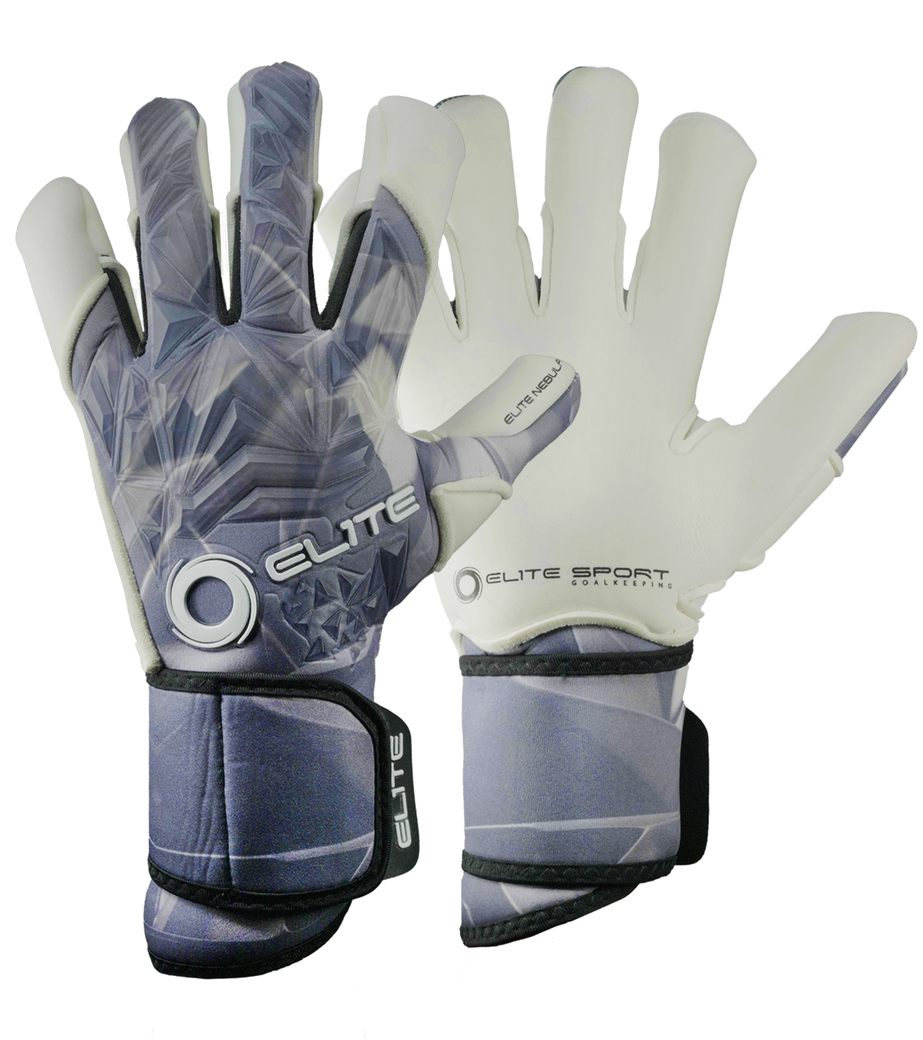 Guantes de portero de fútbol Elite Nebula – corte Speed con envoltura en pulgar, índice y meñique, palma de látex ES Centum+ de 4 mm con 3 mm de espuma adicional para máximo agarre y amortiguación, dorso de caucho 3D sobre neopreno para protección y ligereza, y cierre de muñeca ajustable con lengüeta de goma. Control, confort y seguridad en cada atajada. Disponibles en UnoKeeper.