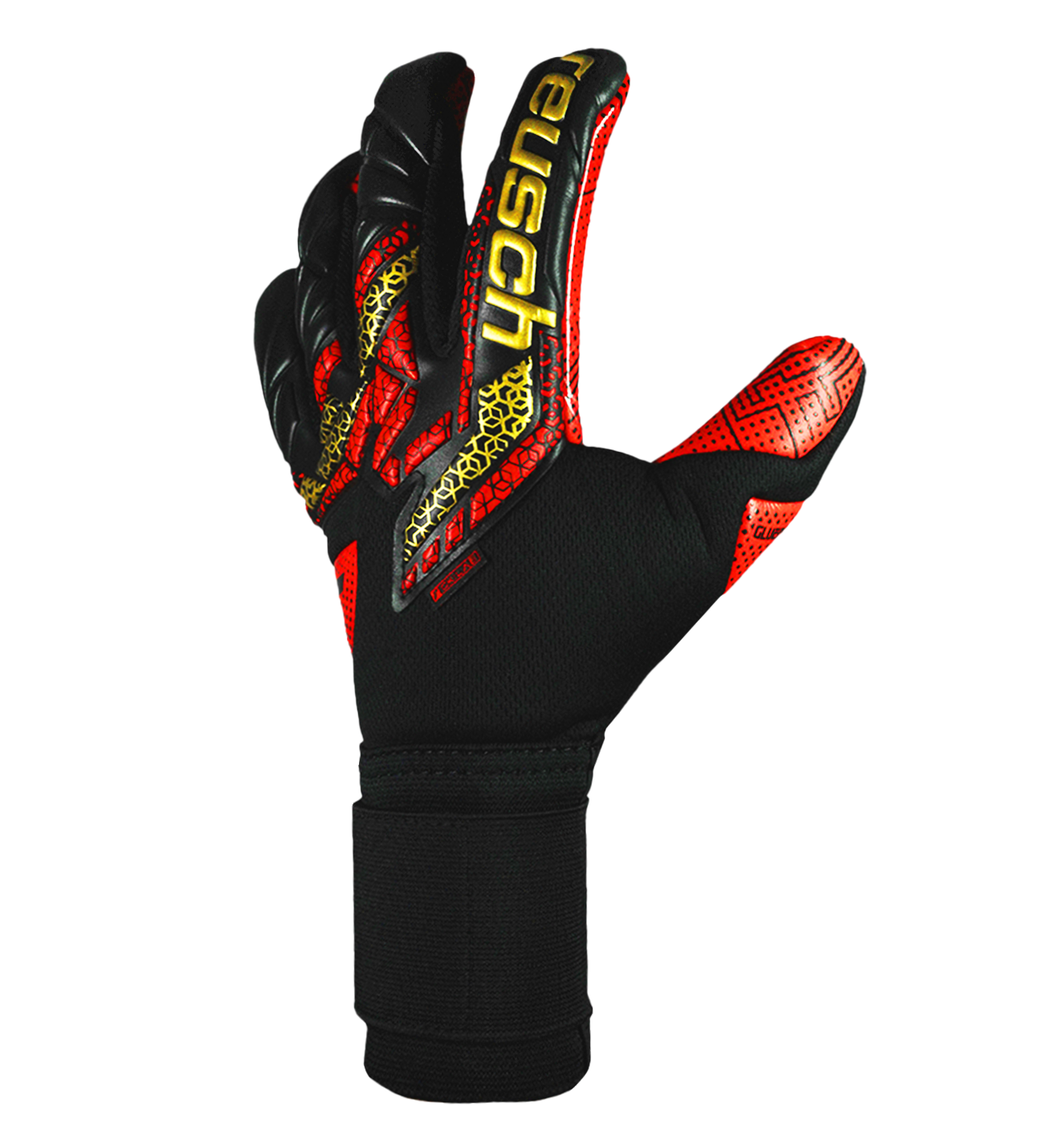 Guantes de portero de futbol Reusch Pure Contact Gold X GluePrint, con palma Grip Gold X GluePrint de látex de alto agarre, corte Evolution Negative ceñido, dorso ligero y transpirable, y cierre elástico con correa de neopreno. Modelo profesional de la colección 2025, disponible en UnoKeeper.