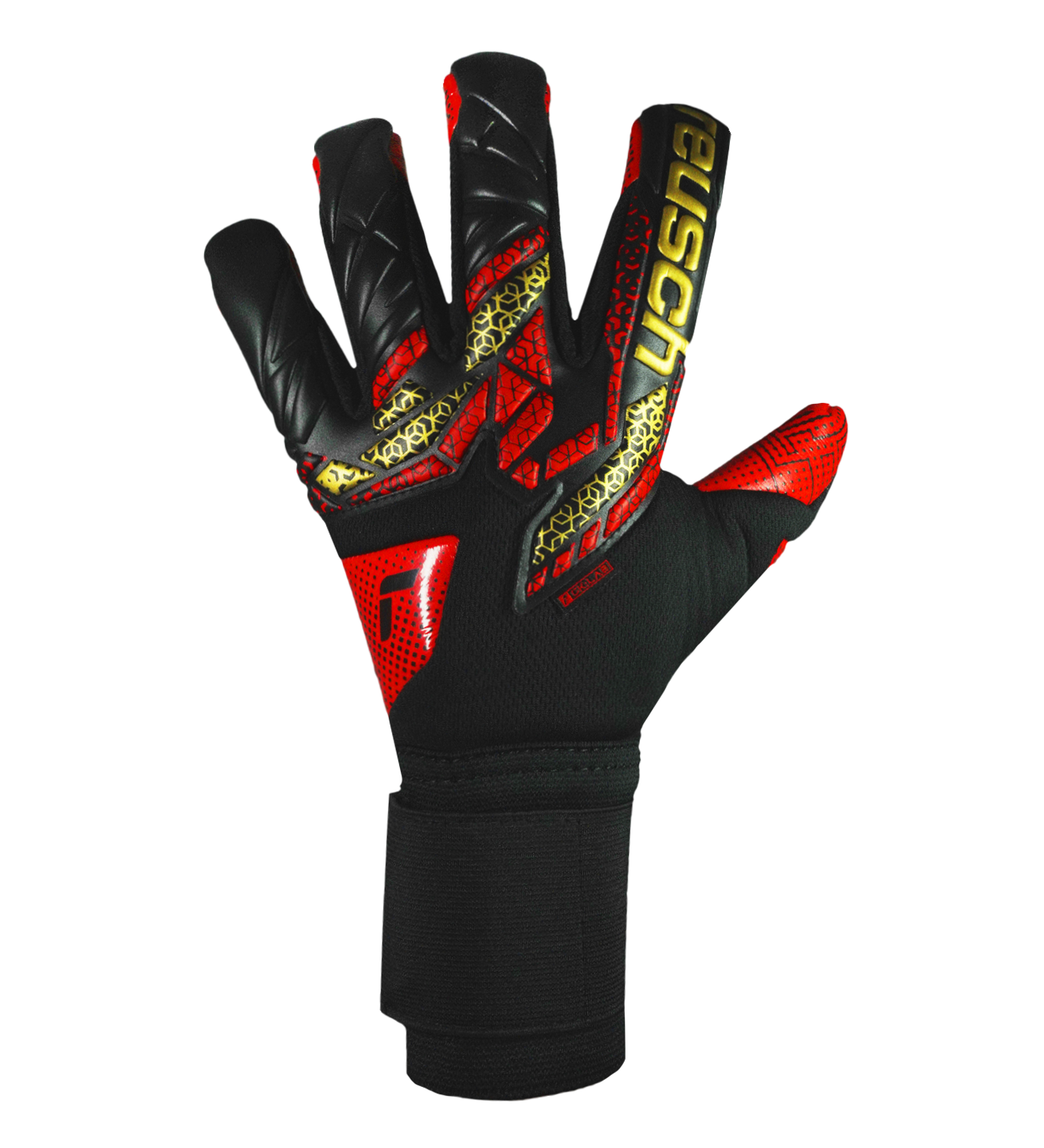 Guantes de portero de futbol Reusch Pure Contact Gold X GluePrint, con palma Grip Gold X GluePrint de látex de alto agarre, corte Evolution Negative ceñido, dorso ligero y transpirable, y cierre elástico con correa de neopreno. Modelo profesional de la colección 2025, disponible en UnoKeeper.