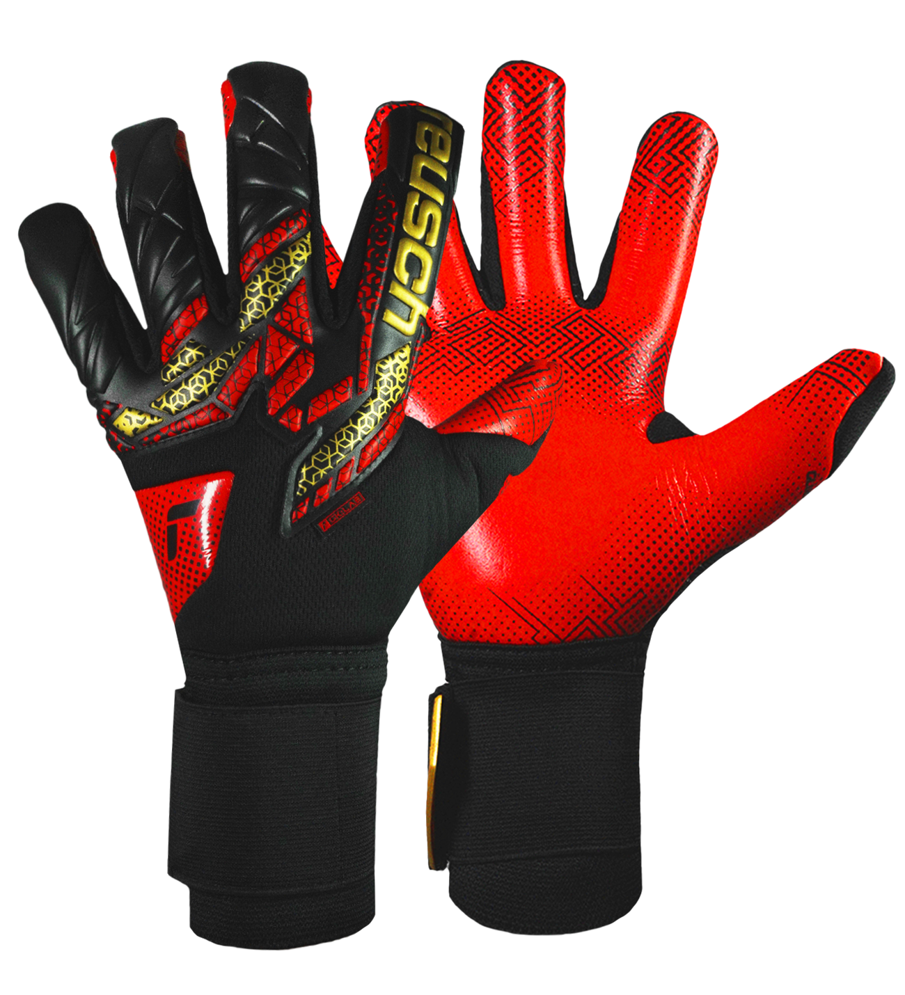 Guantes de portero de futbol Reusch Pure Contact Gold X GluePrint, con palma Grip Gold X GluePrint de látex de alto agarre, corte Evolution Negative ceñido, dorso ligero y transpirable, y cierre elástico con correa de neopreno. Modelo profesional de la colección 2025, disponible en UnoKeeper.