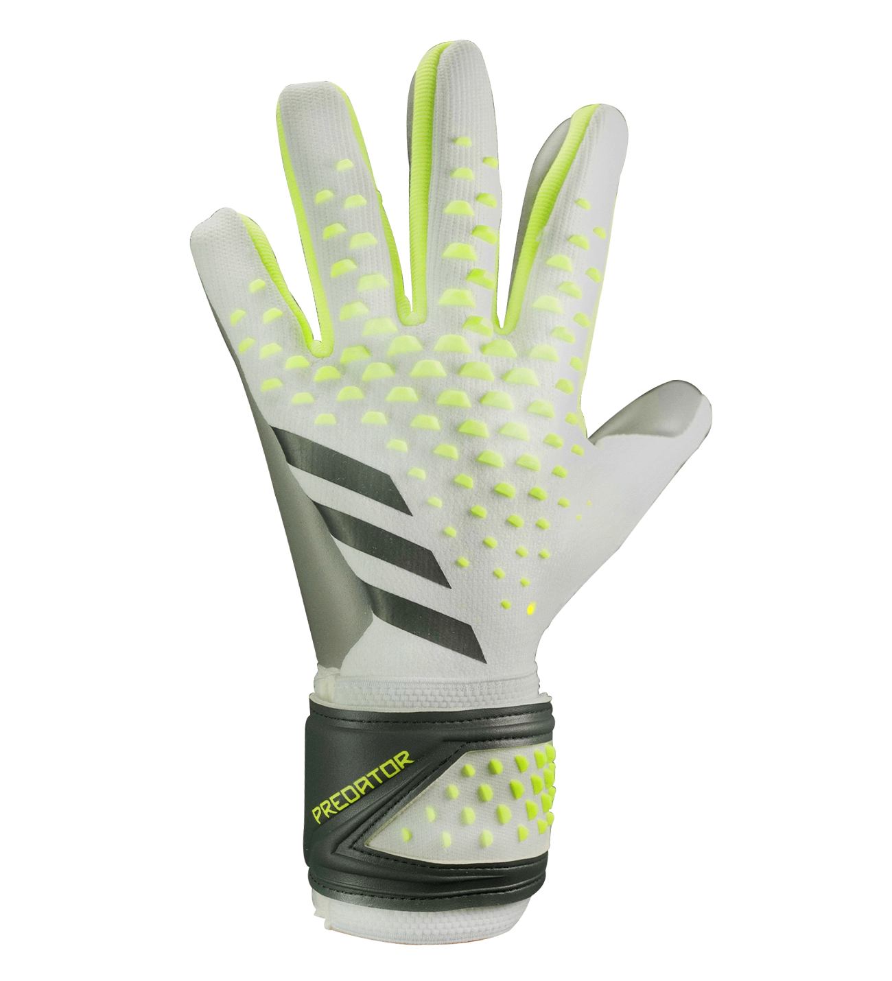 Guantes de portero Adidas Predator GL Pro en azul brillante, limón neón y blanco, con palma URG 2.0, corte negativo, dorso elástico y cierre adaptable; diseño profesional y sostenible.