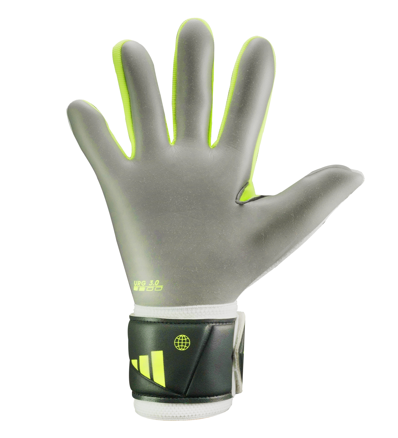 Guantes de portero Adidas Predator GL Pro en azul brillante, limón neón y blanco, con palma URG 2.0, corte negativo, dorso elástico y cierre adaptable; diseño profesional y sostenible.