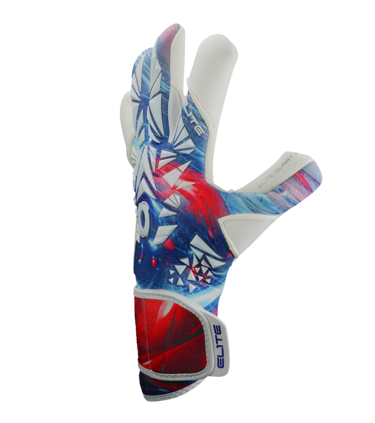 Guantes de portero Elite Quartz con palma de látex Centum+ de 4 mm, corte SpeedCut refinado, dorso de neopreno con goma protectora, cintillo envolvente de 5 cm y diseño profesional para todo tipo de cancha.