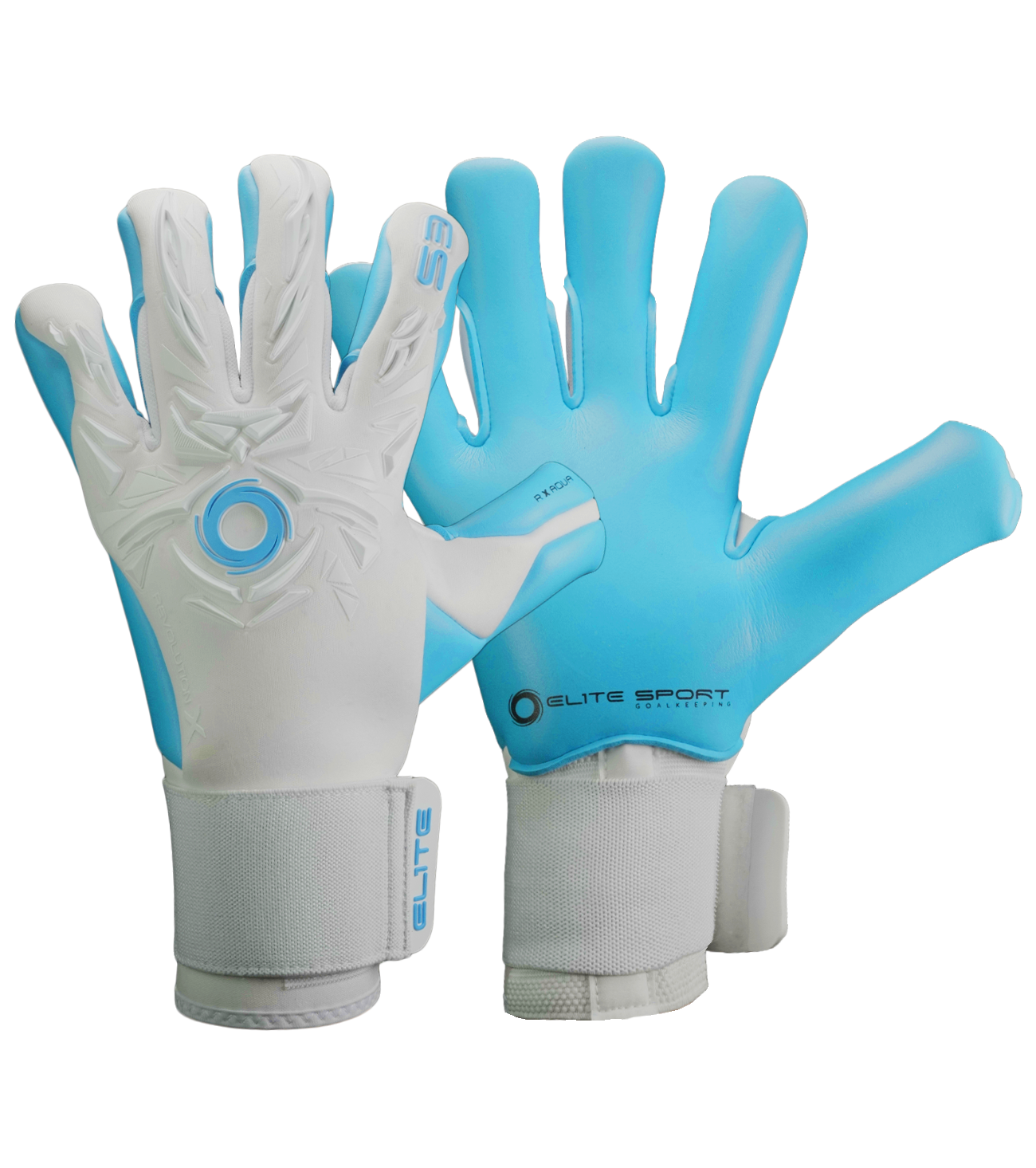 Guantes de portero de futbol Elite Revolution X Aqua Blanco Azul con palma Aqua EsTec de 4 mm para clima húmedo, corte Flash X ceñido con doble envoltura, dorso con goma protectora y tejido Hybrid CR, y cierre elástico envolvente con lengüeta de goma unokeeper.