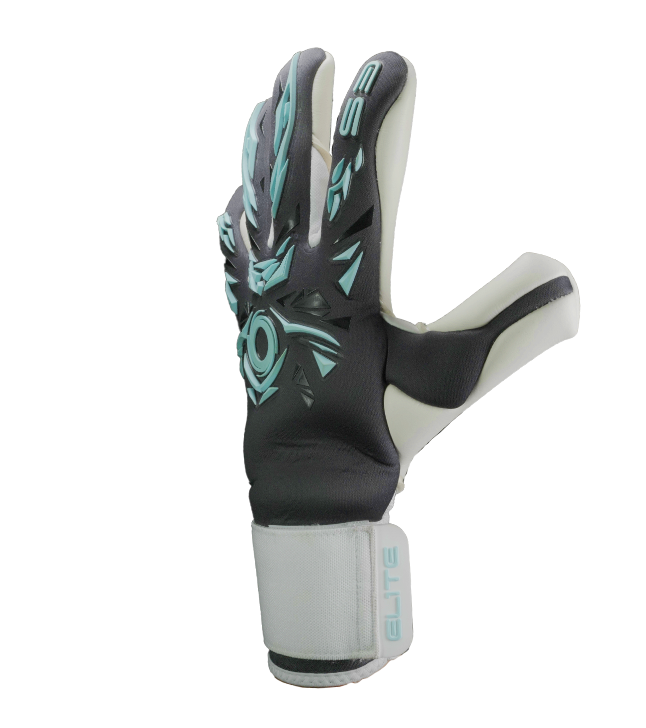 Guantes de portero de futbol Elite Revolution X GT gris azul con palma de látex Ultra GTech Pro de 4 mm, corte Flash X ajustado, dorso protector con goma y textil Hybrid CR transpirable, cierre elástico con lengüeta para ajuste firme unokeeper.