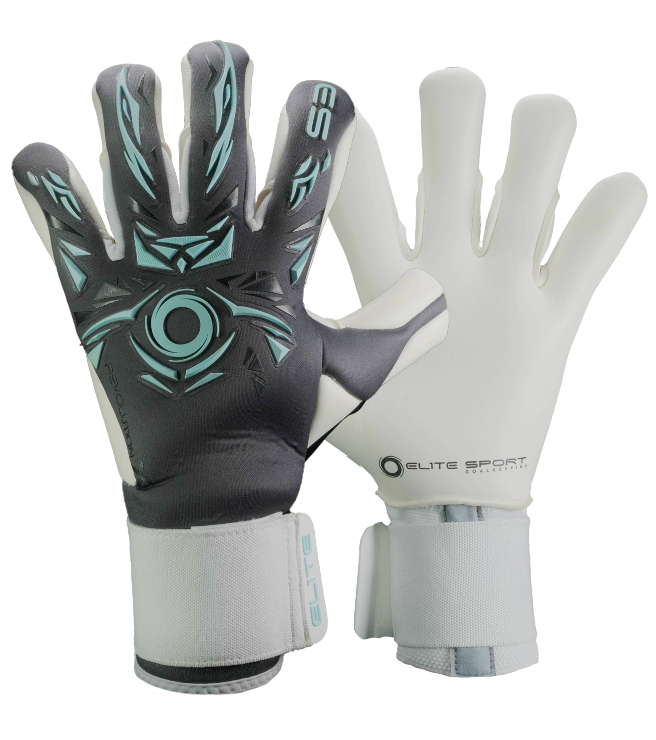 Guantes de portero de futbol Elite Revolution X GT gris azul con palma de látex Ultra GTech Pro de 4 mm, corte Flash X ajustado, dorso protector con goma y textil Hybrid CR transpirable, cierre elástico con lengüeta para ajuste firme unokeeper.