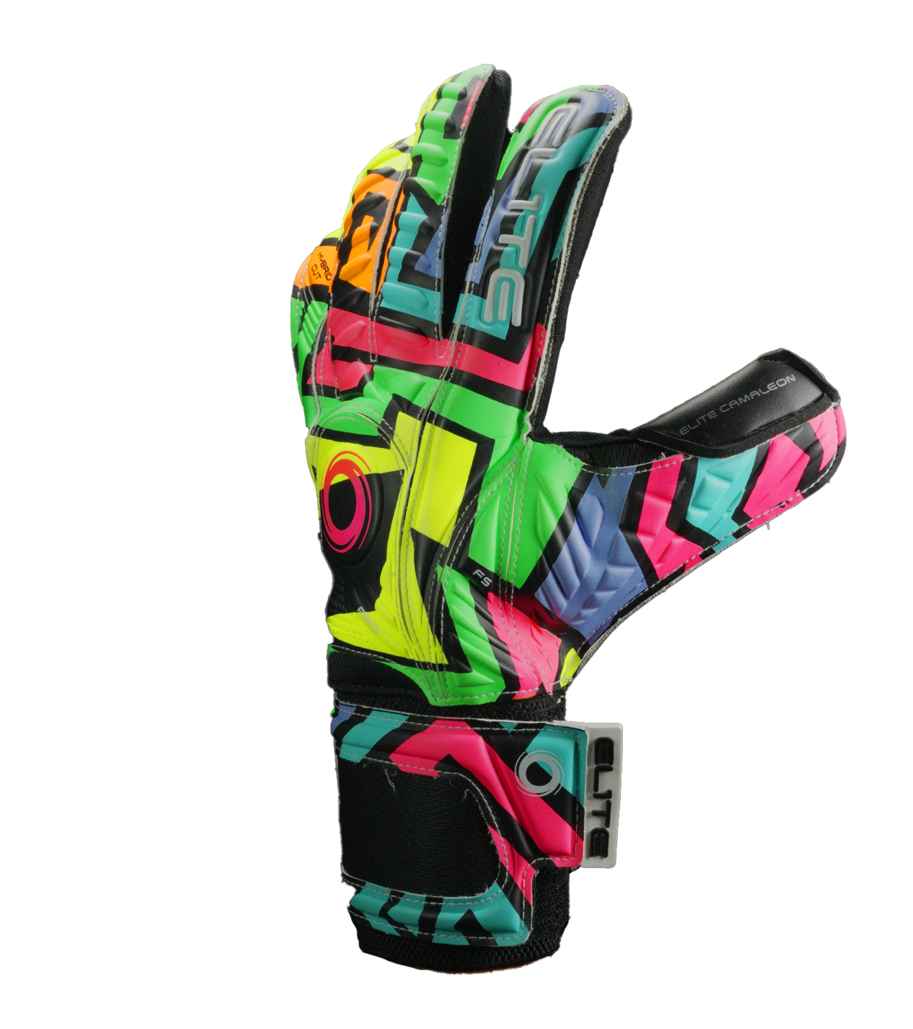 Guantes de portero  de futbol Elite Camaleon con palma de látex alemán ES Super Control de 4 mm, corte NRoll ceñido, dorso con látex y espuma protectora, varillas removibles y cintillo elástico de 5 cm para soporte en la muñeca unokeeper.