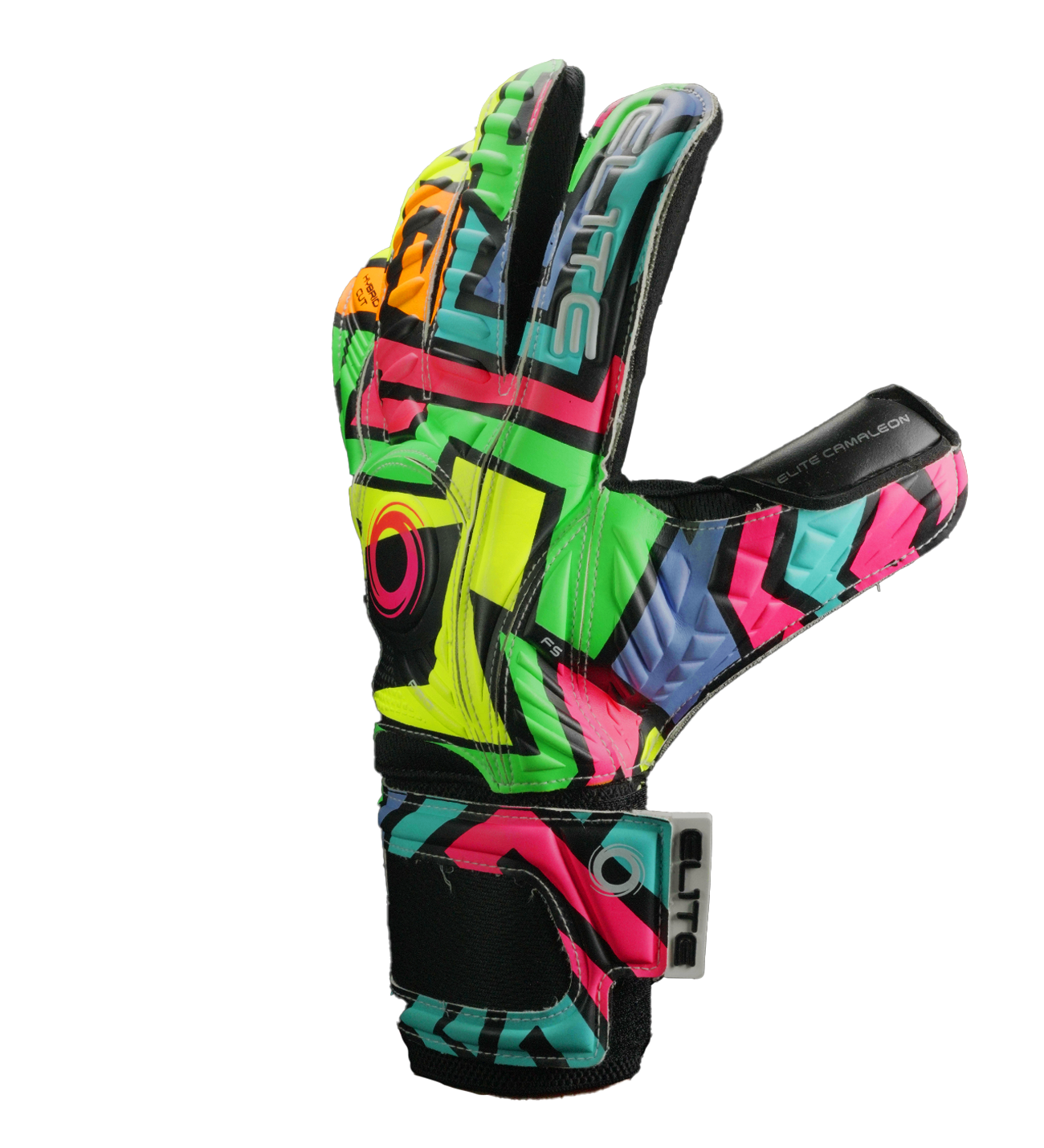 Guantes de portero Elite Camaleon con palma de látex alemán ES Super Control de 4 mm, corte NRoll ceñido, dorso con látex y espuma protectora, varillas removibles y cintillo elástico de 5 cm para soporte en la muñeca.