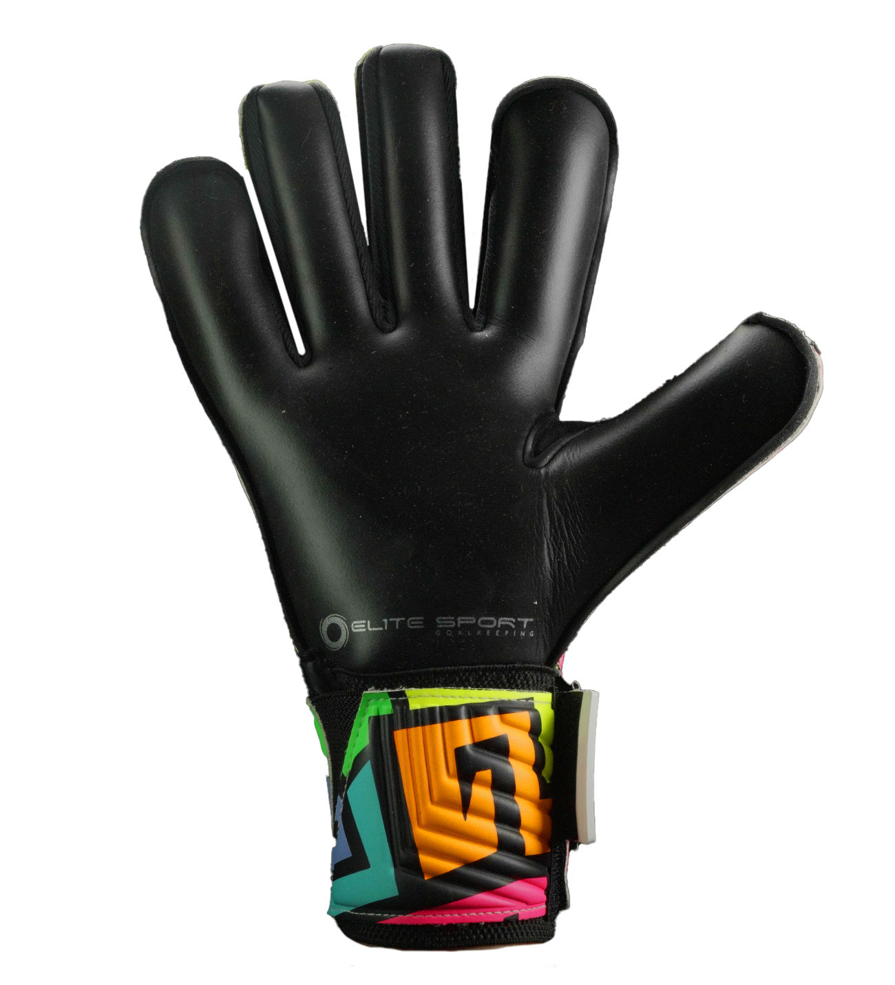 Guantes de portero Elite Camaleon con palma de látex alemán ES Super Control de 4 mm, corte NRoll ceñido, dorso con látex y espuma protectora, varillas removibles y cintillo elástico de 5 cm para soporte en la muñeca.