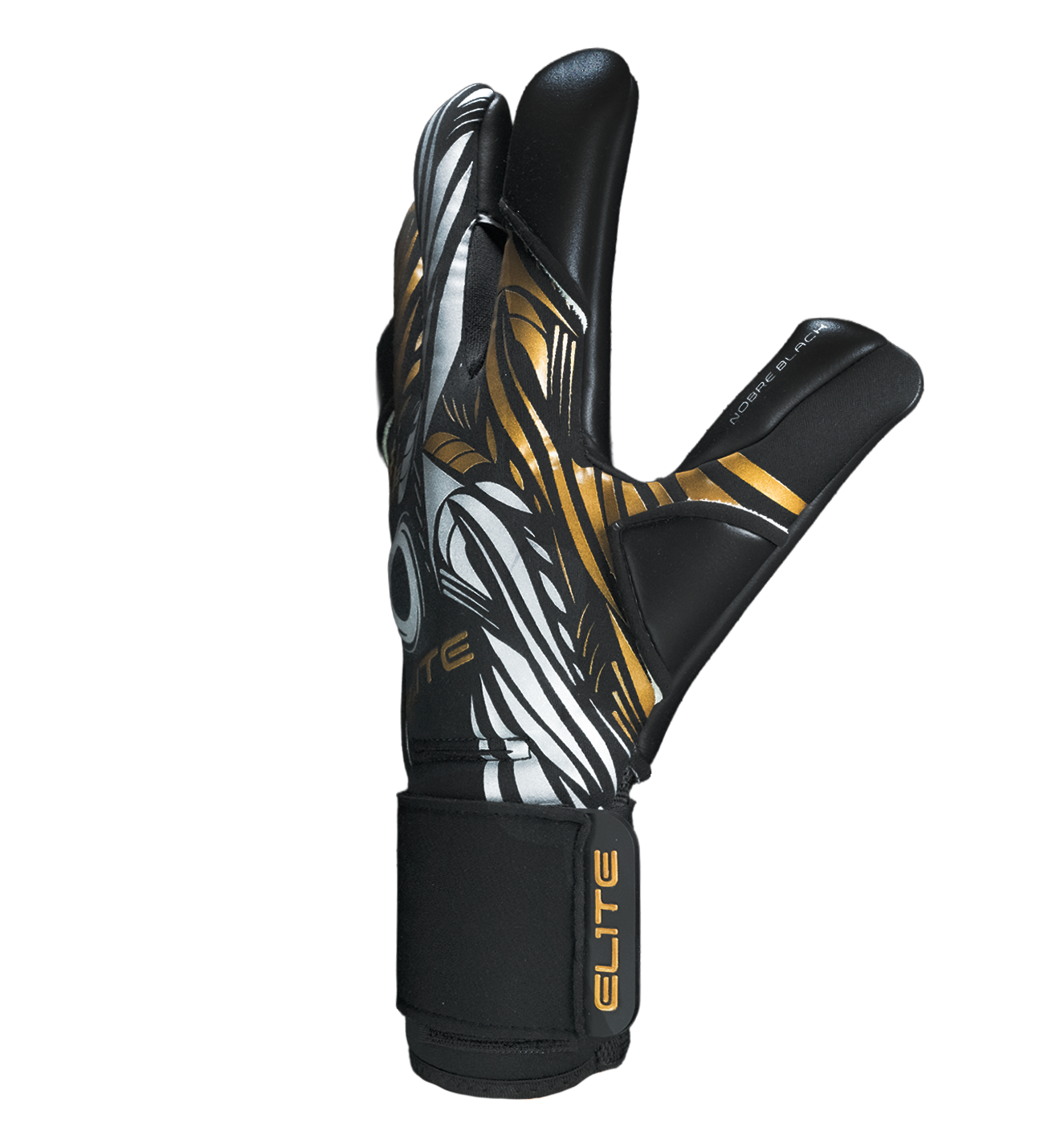 Guantes de portero Elite Sport Nobre Black con palma de látex Centum+ de 4 mm, corte SpeedCut ergonómico, dorso con espuma protectora de 4 mm, cintillo textil elástico ajustable y varillas removibles en cuatro dedos.