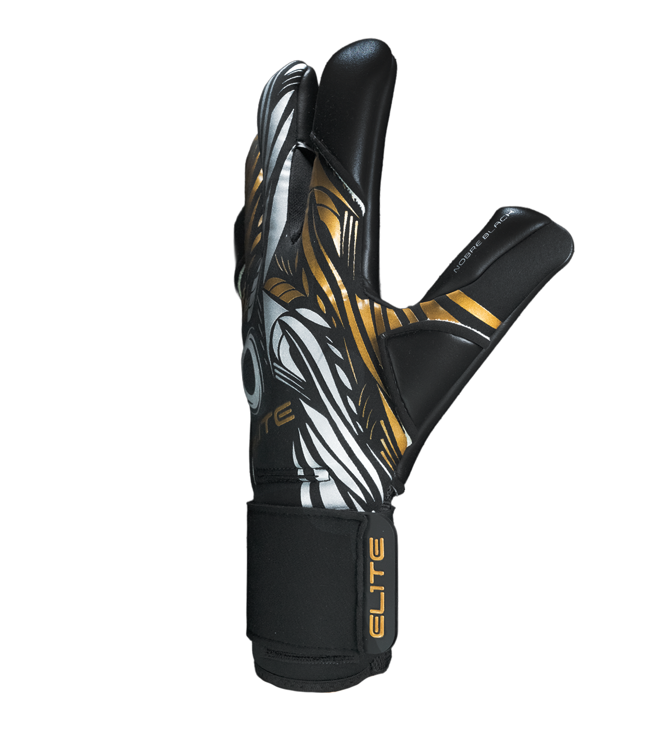 Guantes de portero  de futbol Elite Sport Nobre Black Negro Dorado con palma de látex Centum+ de 4 mm, corte SpeedCut ergonómico, dorso con espuma protectora de 4 mm, cintillo textil elástico ajustable y varillas removibles en cuatro dedos unokeeper.