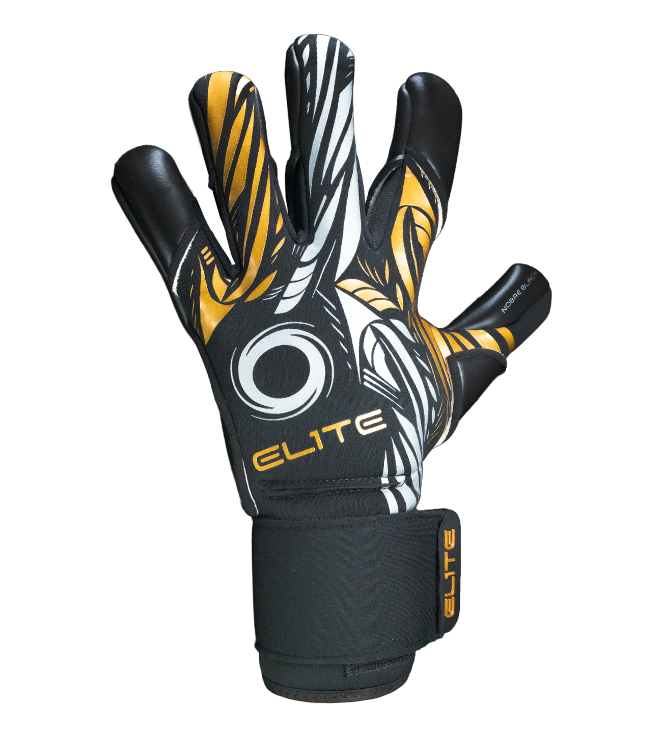 Guantes de portero Elite Sport Nobre Black con palma de látex Centum+ de 4 mm, corte SpeedCut ergonómico, dorso con espuma protectora de 4 mm, cintillo textil elástico ajustable y varillas removibles en cuatro dedos.
