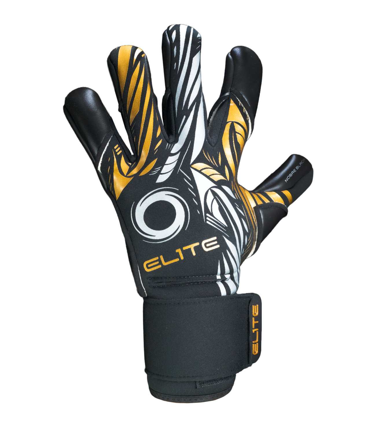 Guantes de portero  de futbol Elite Sport Nobre Black Negro Dorado con palma de látex Centum+ de 4 mm, corte SpeedCut ergonómico, dorso con espuma protectora de 4 mm, cintillo textil elástico ajustable y varillas removibles en cuatro dedos unokeeper.
