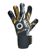 Guantes de portero  de futbol Elite Sport Nobre Black Negro Dorado con palma de látex Centum+ de 4 mm, corte SpeedCut ergonómico, dorso con espuma protectora de 4 mm, cintillo textil elástico ajustable y varillas removibles en cuatro dedos unokeeper.