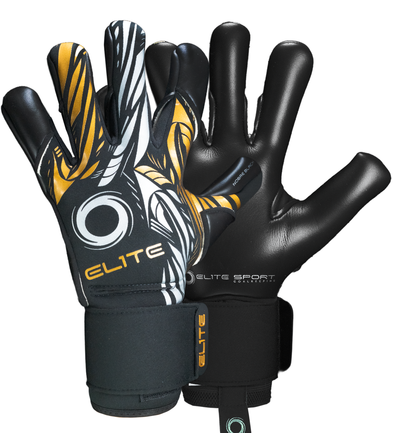 Guantes de portero Elite Sport Nobre Black con palma de látex Centum+ de 4 mm, corte SpeedCut ergonómico, dorso con espuma protectora de 4 mm, cintillo textil elástico ajustable y varillas removibles en cuatro dedos.