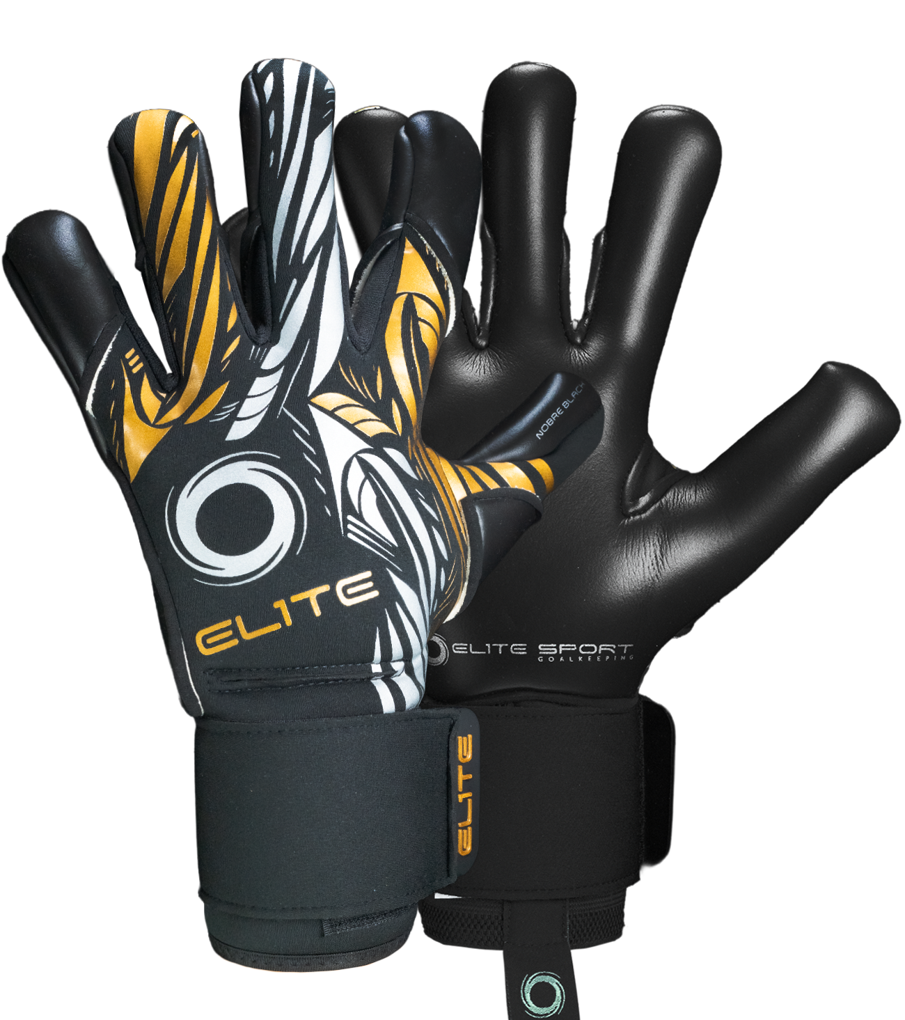 Guantes de portero  de futbol Elite Sport Nobre Black Negro Dorado con palma de látex Centum+ de 4 mm, corte SpeedCut ergonómico, dorso con espuma protectora de 4 mm, cintillo textil elástico ajustable y varillas removibles en cuatro dedos unokeeper.