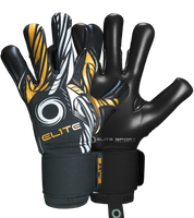 Guantes de portero  de futbol Elite Sport Nobre Black Negro Dorado con palma de látex Centum+ de 4 mm, corte SpeedCut ergonómico, dorso con espuma protectora de 4 mm, cintillo textil elástico ajustable y varillas removibles en cuatro dedos unokeeper.