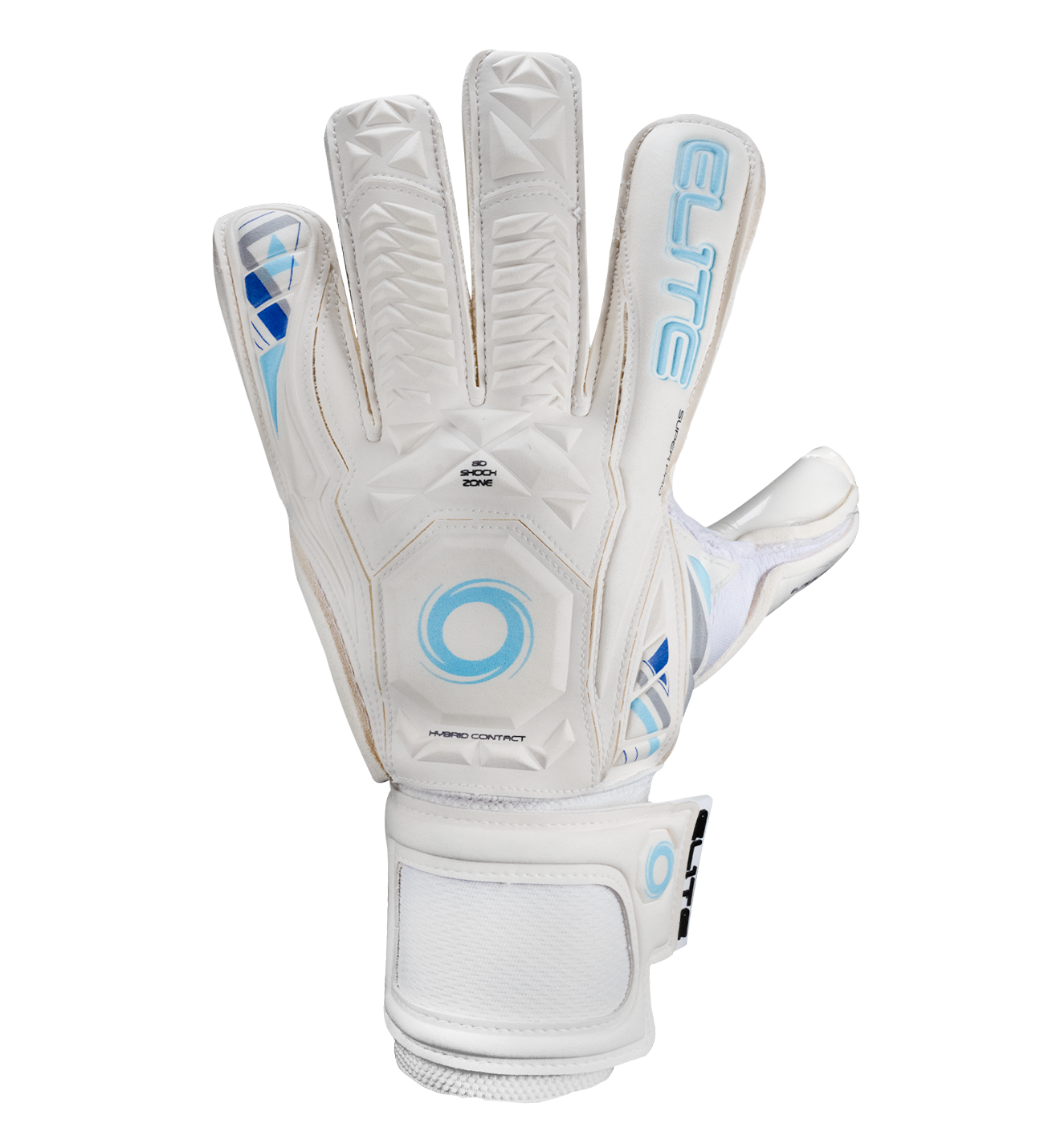 Guantes de portero Elite Sport Supreme con palma Ultra G Tech de 4 mm, corte híbrido Rollfinger-Negativo, dorso con tecnología 3D Shock Zone y sistema AVM, cierre elástico envolvente de 5 cm y sin varillas para máxima flexibilidad.