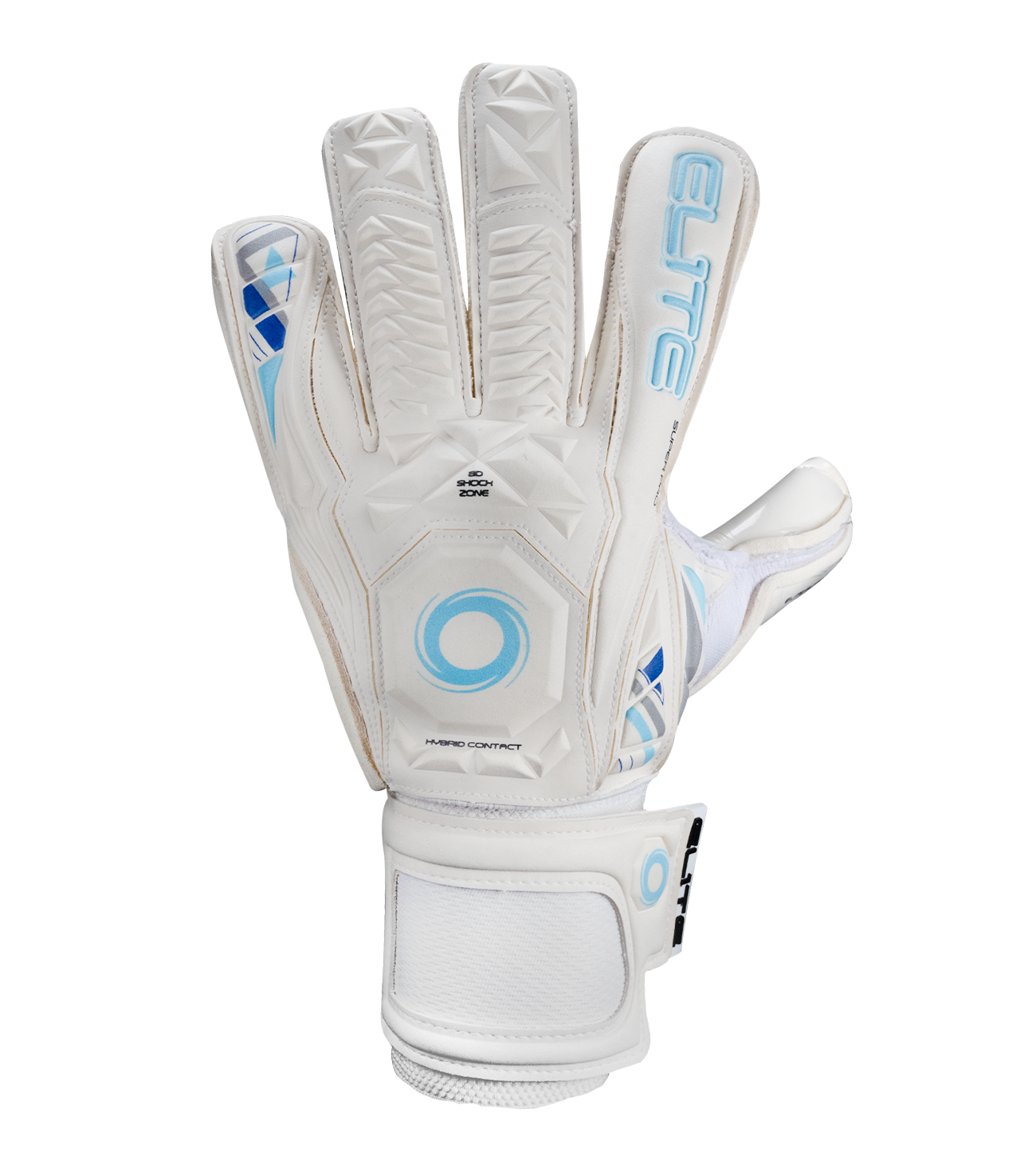 Guantes de portero de futbol Elite Sport Supreme Blanco con palma Ultra G Tech de 4 mm, corte híbrido Rollfinger-Negativo, dorso con tecnología 3D Shock Zone y sistema AVM, cierre elástico envolvente de 5 cm y sin varillas para máxima flexibilidad unokeeper.
