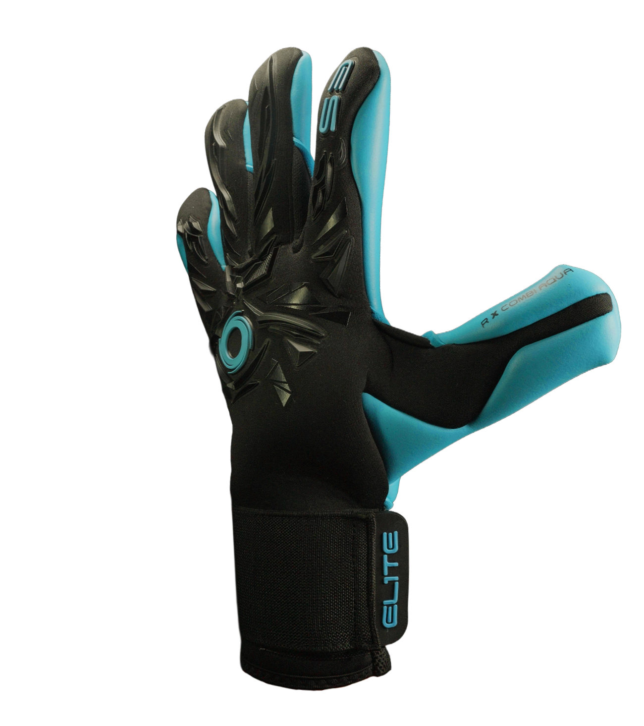 Guantes de portero de futbol Elite Revolution X Aqua Negro Azul con palma Aqua EsTec de 4 mm para clima húmedo, corte Flash X ceñido con doble envoltura, dorso con goma protectora y tejido Hybrid CR, y cierre elástico envolvente con lengüeta de goma unokeeper.