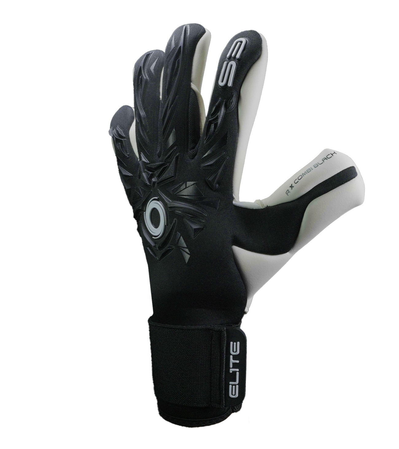 Guantes de portero Elite Sport Revolution X Combi Black con palma Ultra GTech Pro de látex alemán de 4 mm para agarre profesional en cualquier clima, corte Flash X negativo evolucionado que brinda ajuste tipo segunda piel y máximo contacto con el balón, dorso con goma 3D y textil Hybrid CR para protección y ventilación, cierre elástico con ajuste seguro ideal para porteros que buscan rendimiento de élite en césped natural o sintético.