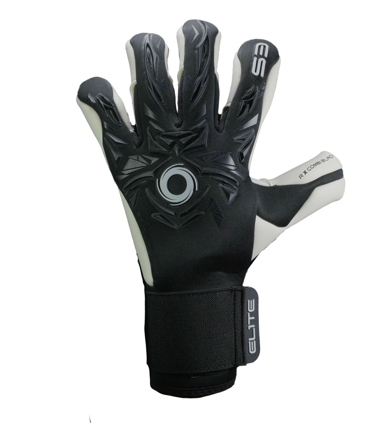 Guantes de portero de futbol Elite Sport Revolution X Combi Black con palma Ultra GTech Pro de 4 mm, corte Flash X envolvente, dorso con goma protectora y textil Hybrid CR, cierre elástico ajustable y diseño profesional para todo clima unokeeper.