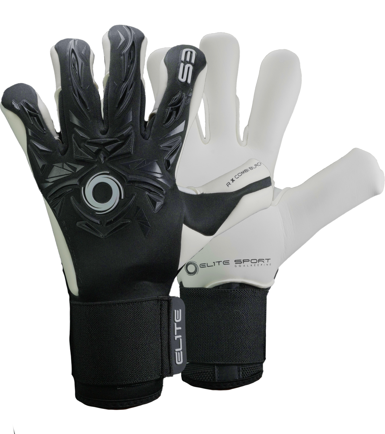 Guantes de portero Elite Sport Revolution X Combi Black con palma Ultra GTech Pro de látex alemán de 4 mm para agarre profesional en cualquier clima, corte Flash X negativo evolucionado que brinda ajuste tipo segunda piel y máximo contacto con el balón, dorso con goma 3D y textil Hybrid CR para protección y ventilación, cierre elástico con ajuste seguro ideal para porteros que buscan rendimiento de élite en césped natural o sintético.
