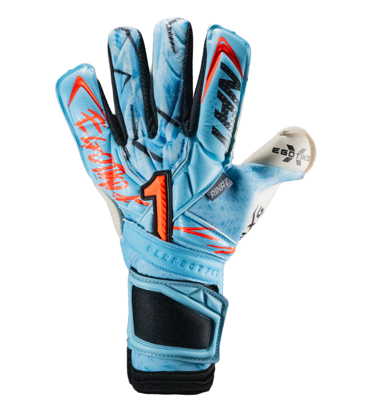 Guantes de portero Rinat Egotiko X Pro Azul con palma AXG de alto agarre, corte EVO híbrido y dorso con aplicaciones de látex y gel. Ajuste seguro y comodidad profesional para cualquier condición.