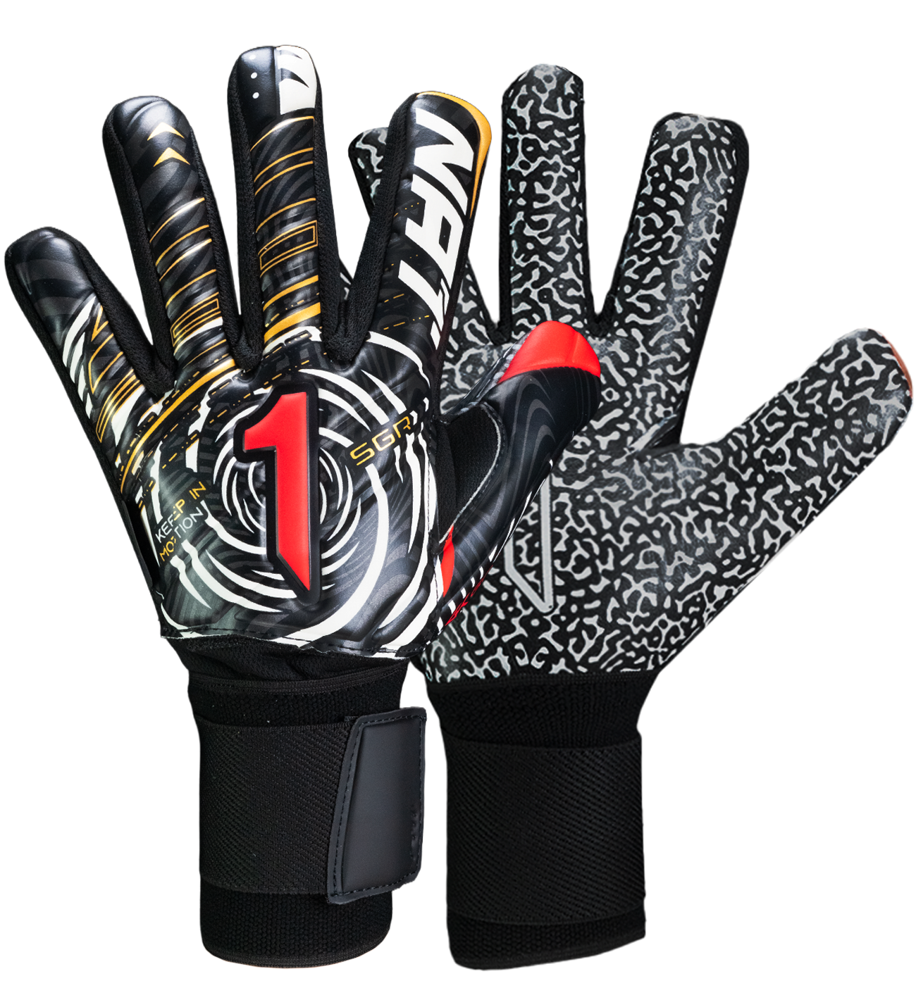 Guantes de portero VORTEX Prime Spines en color negro con detalles rojo y dorado, diseño profesional con corte negativo, palma SGR de alto agarre, protección con varillas en los dedos y cierre elástico ajustable.