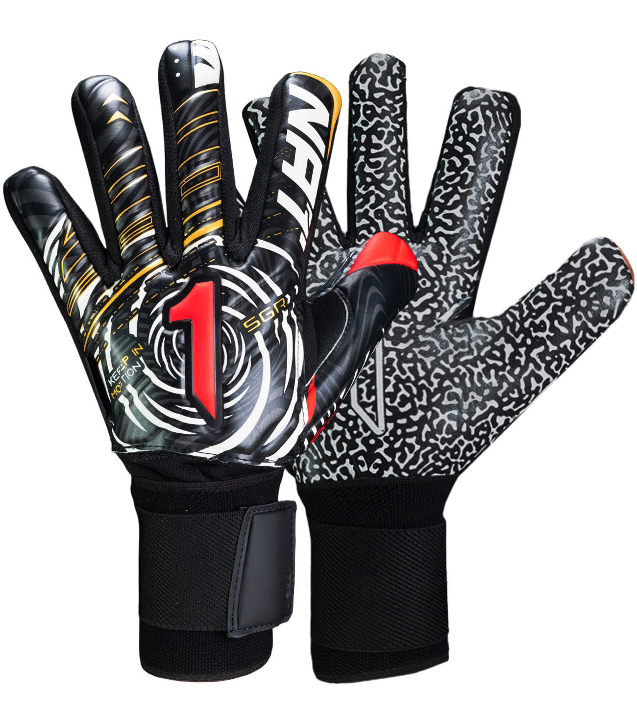 Guantes de portero de futbol VORTEX Prime Spines en color negro con detalles rojo y dorado, diseño profesional con corte negativo, palma SGR de alto agarre, protección con varillas en los dedos y cierre elástico ajustable unokeeper negro rojo