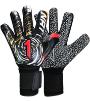 Guantes de portero de futbol VORTEX Prime Spines en color negro con detalles rojo y dorado, diseño profesional con corte negativo, palma SGR de alto agarre, protección con varillas en los dedos y cierre elástico ajustable unokeeper negro rojo