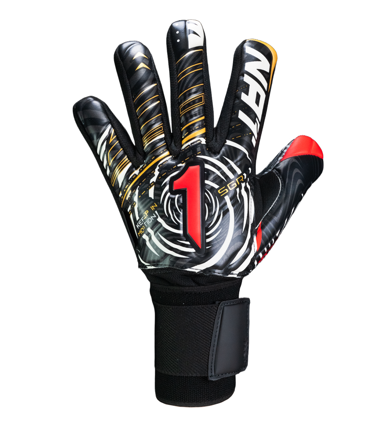 Guantes de portero VORTEX Prime Spines en color negro con detalles rojo y dorado, diseño profesional con corte negativo, palma SGR de alto agarre, protección con varillas en los dedos y cierre elástico ajustable dorso.