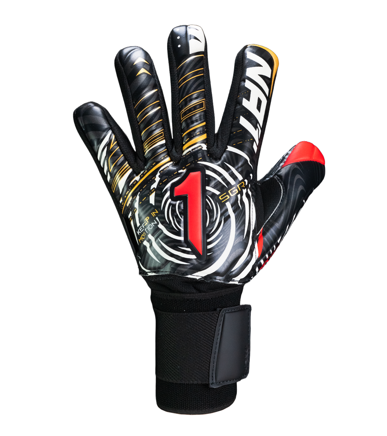 Guantes de portero de futbol VORTEX Prime Spines en color negro con detalles rojo y dorado, diseño profesional con corte negativo, palma SGR de alto agarre, protección con varillas en los dedos y cierre elástico ajustable unokeeper negro rojo