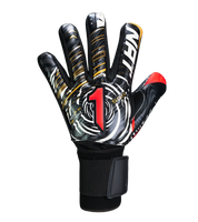 Guantes de portero de futbol VORTEX Prime Spines en color negro con detalles rojo y dorado, diseño profesional con corte negativo, palma SGR de alto agarre, protección con varillas en los dedos y cierre elástico ajustable unokeeper negro rojo