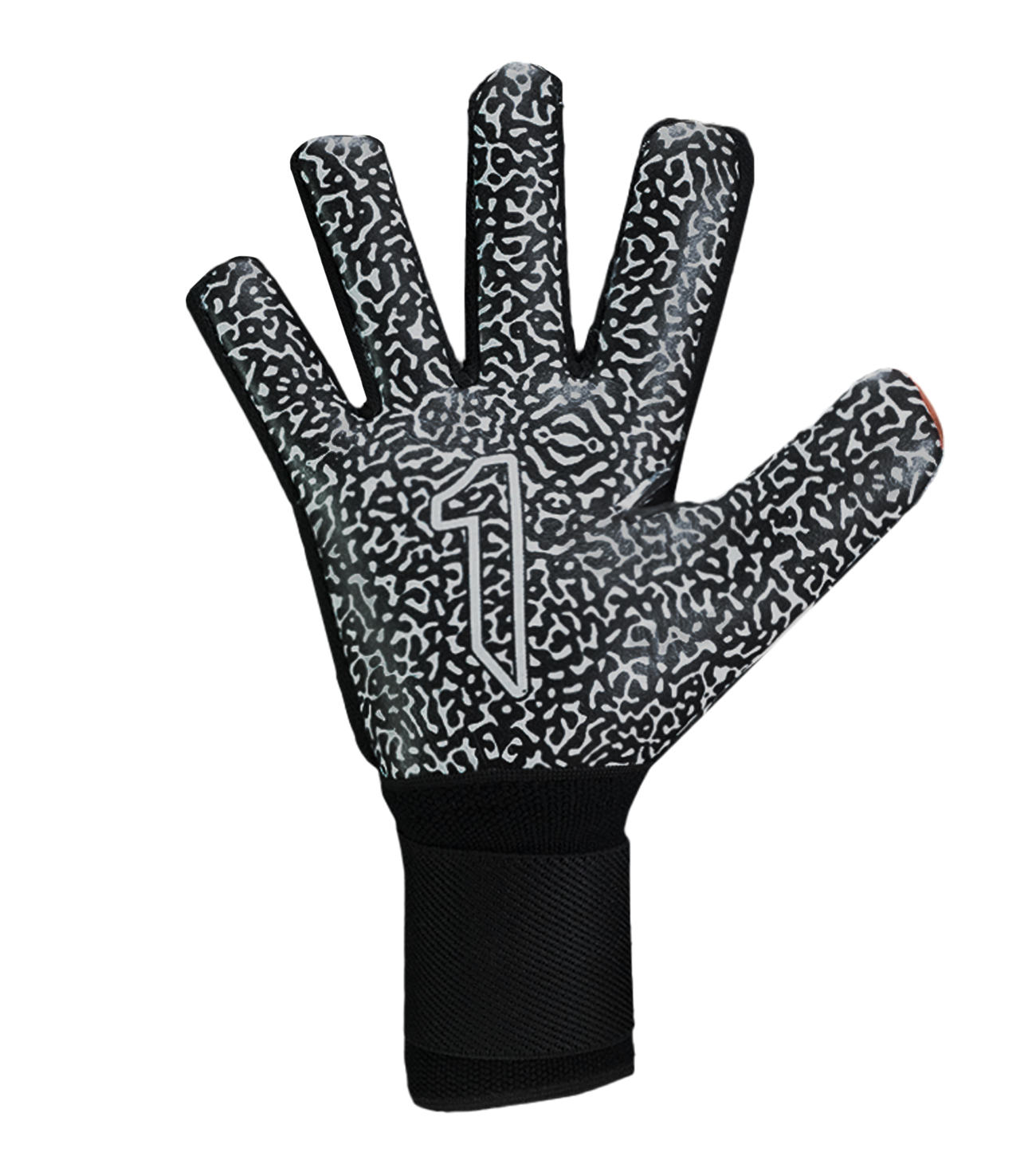 Guantes de portero de futbol VORTEX Prime Spines en color negro con detalles rojo y dorado, diseño profesional con corte negativo, palma SGR de alto agarre, protección con varillas en los dedos y cierre elástico ajustable unokeeper negro rojo